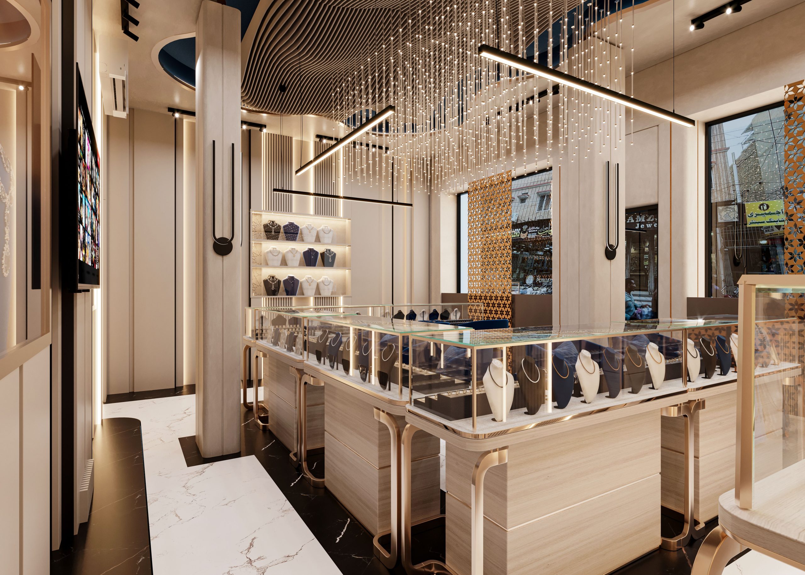 Intérieur boutique joaillerie design contemporain
